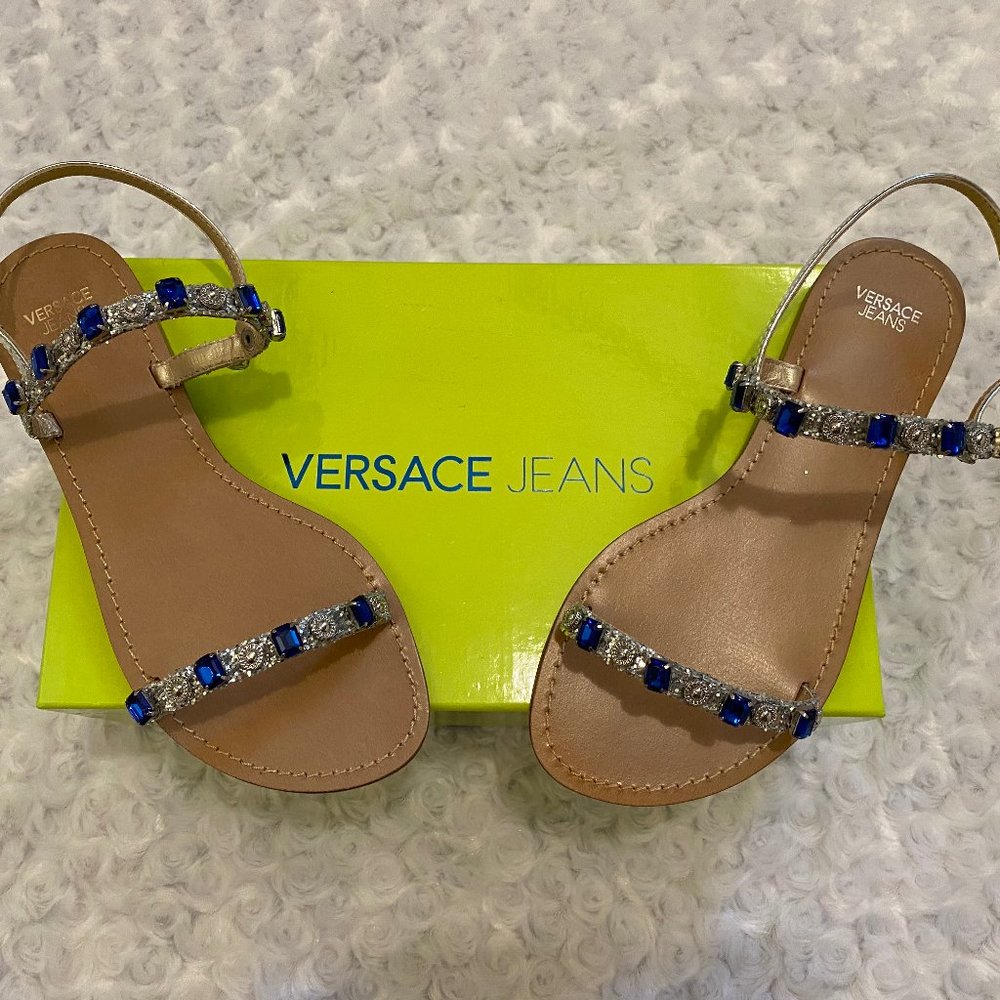 Versace Jeans Ladies Blue Glitter Mirror Flat Sandals-37 - Picture 8 of 12
